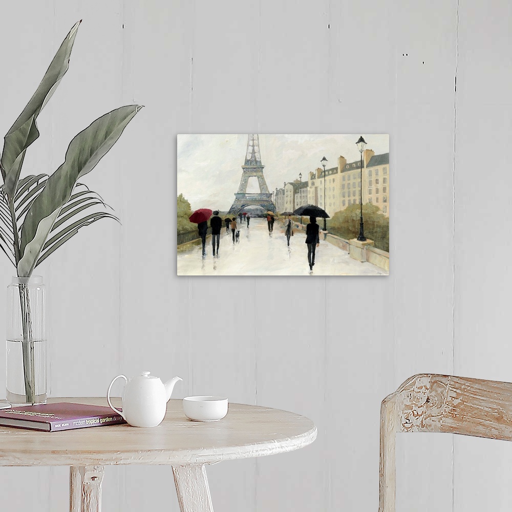 A farmhouse room featuring Contemporary painting of a street in Paris leading to the Eiffel Tower, with figures with umbrellas.