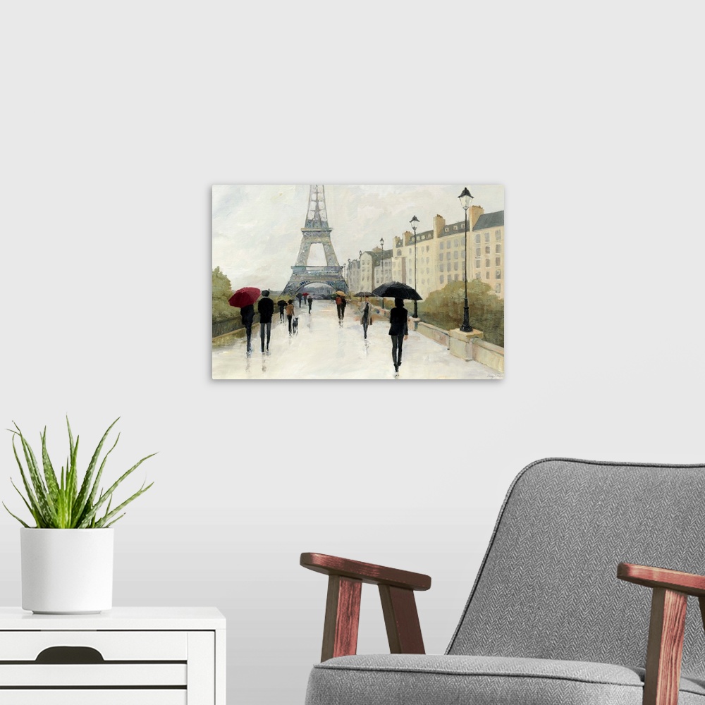 A modern room featuring Contemporary painting of a street in Paris leading to the Eiffel Tower, with figures with umbrellas.