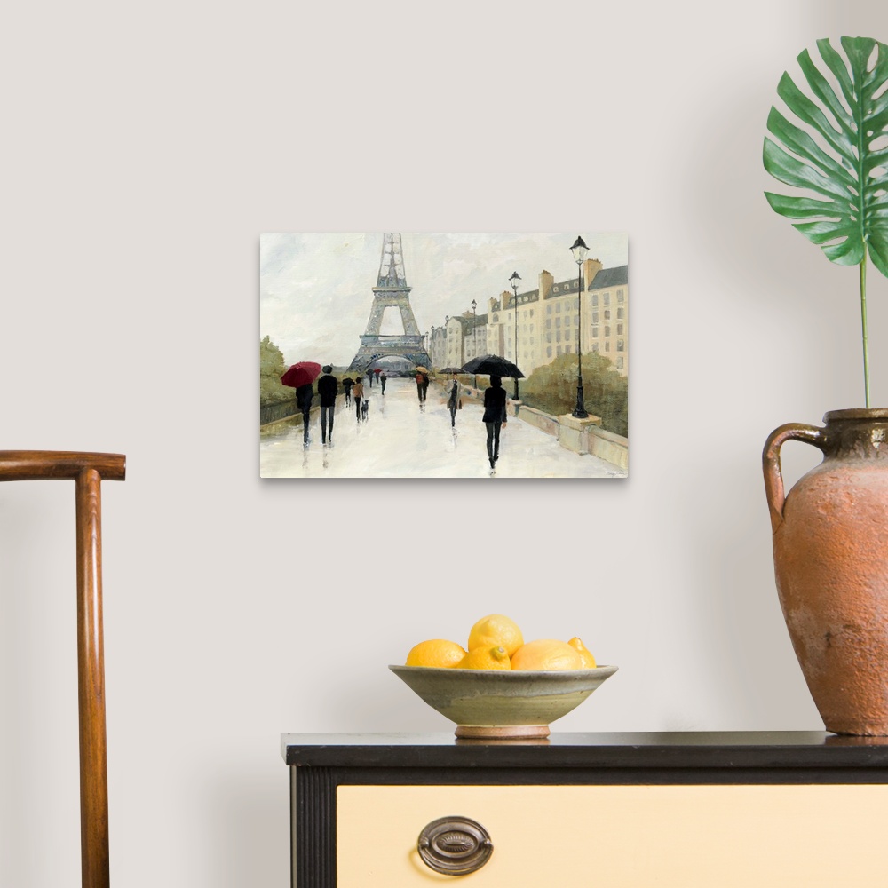 A traditional room featuring Contemporary painting of a street in Paris leading to the Eiffel Tower, with figures with umbrellas.