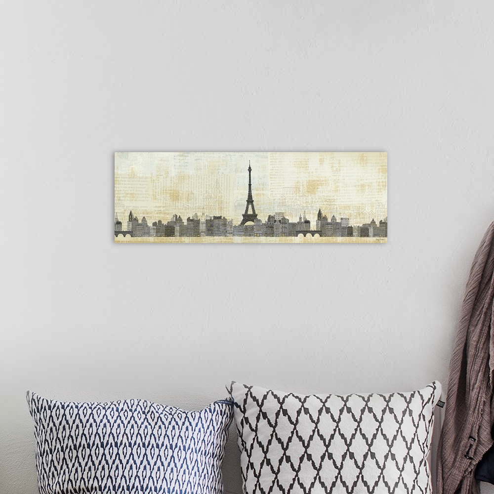 A bohemian room featuring Landscape, giant artwork of illustrations of the city of Paris, the Eiffel Tower in the center, o...