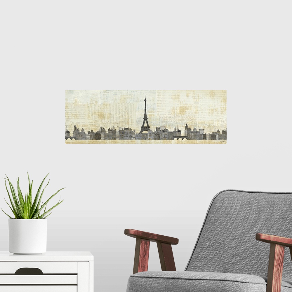 A modern room featuring Landscape, giant artwork of illustrations of the city of Paris, the Eiffel Tower in the center, o...