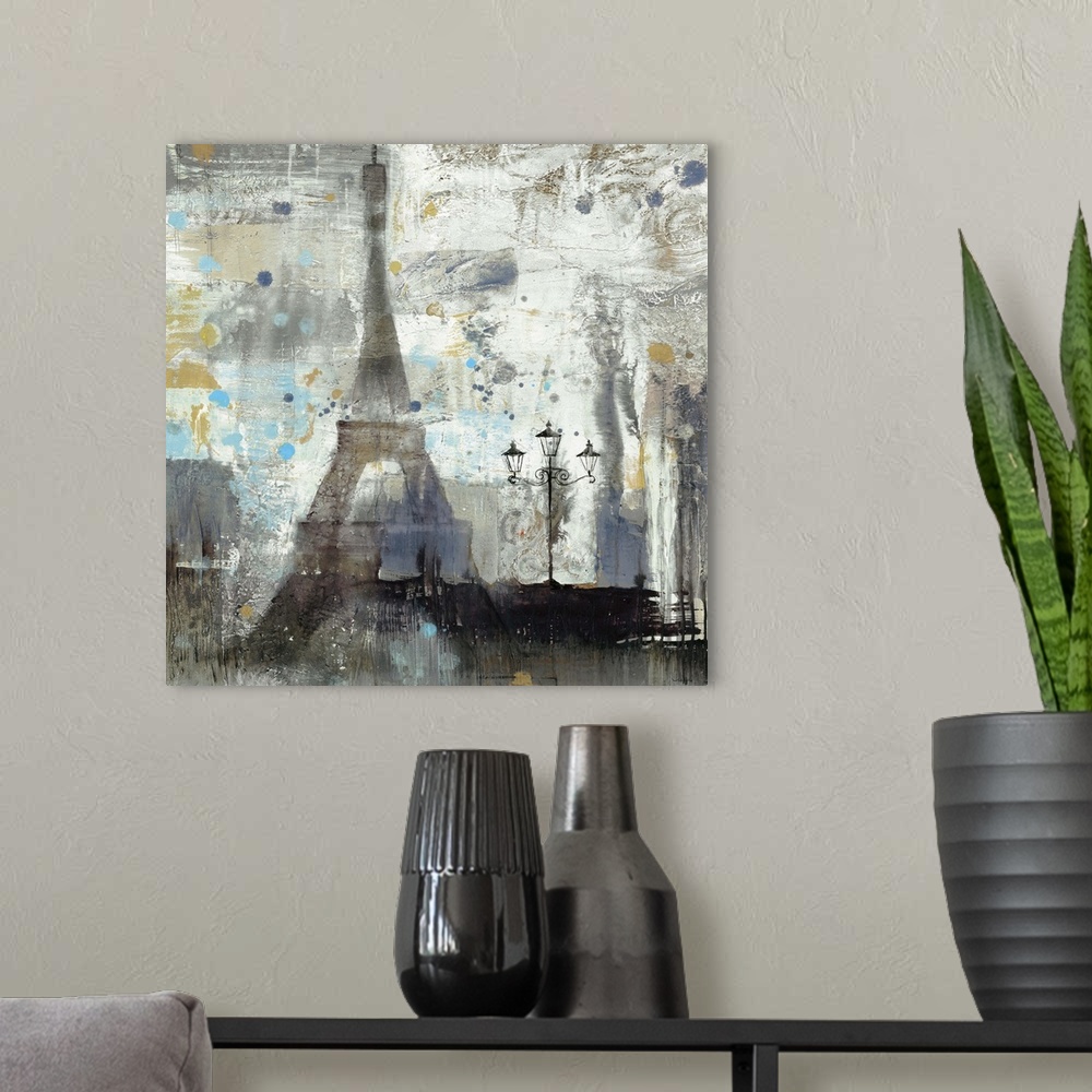 A modern room featuring Painting of the Eiffel Tower with abstract brushstrokes, in muted grey and blue colors.