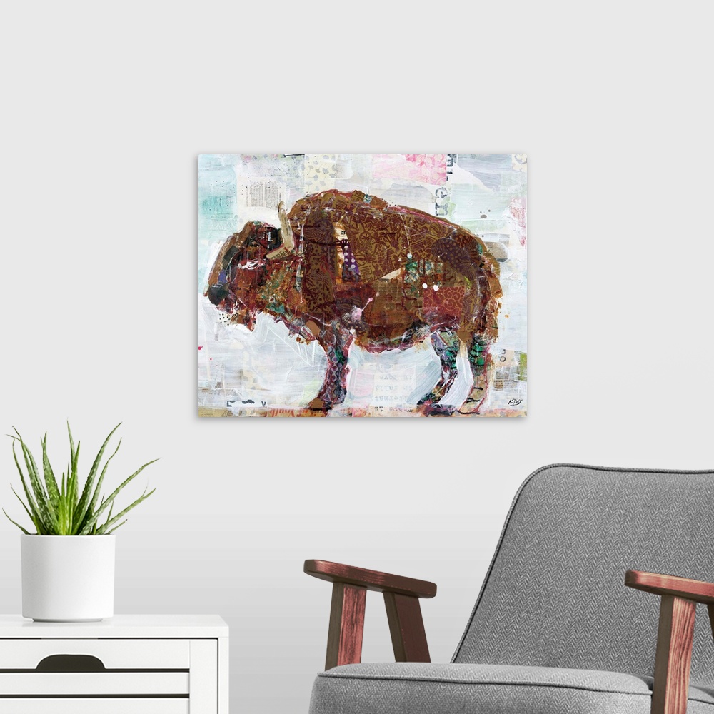 A modern room featuring Large abstract art of a buffalo created with mixed media.
