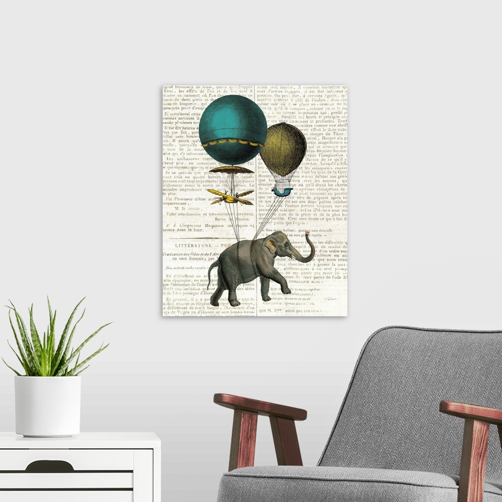 A modern room featuring Elephant Ride I v2 Newsprint