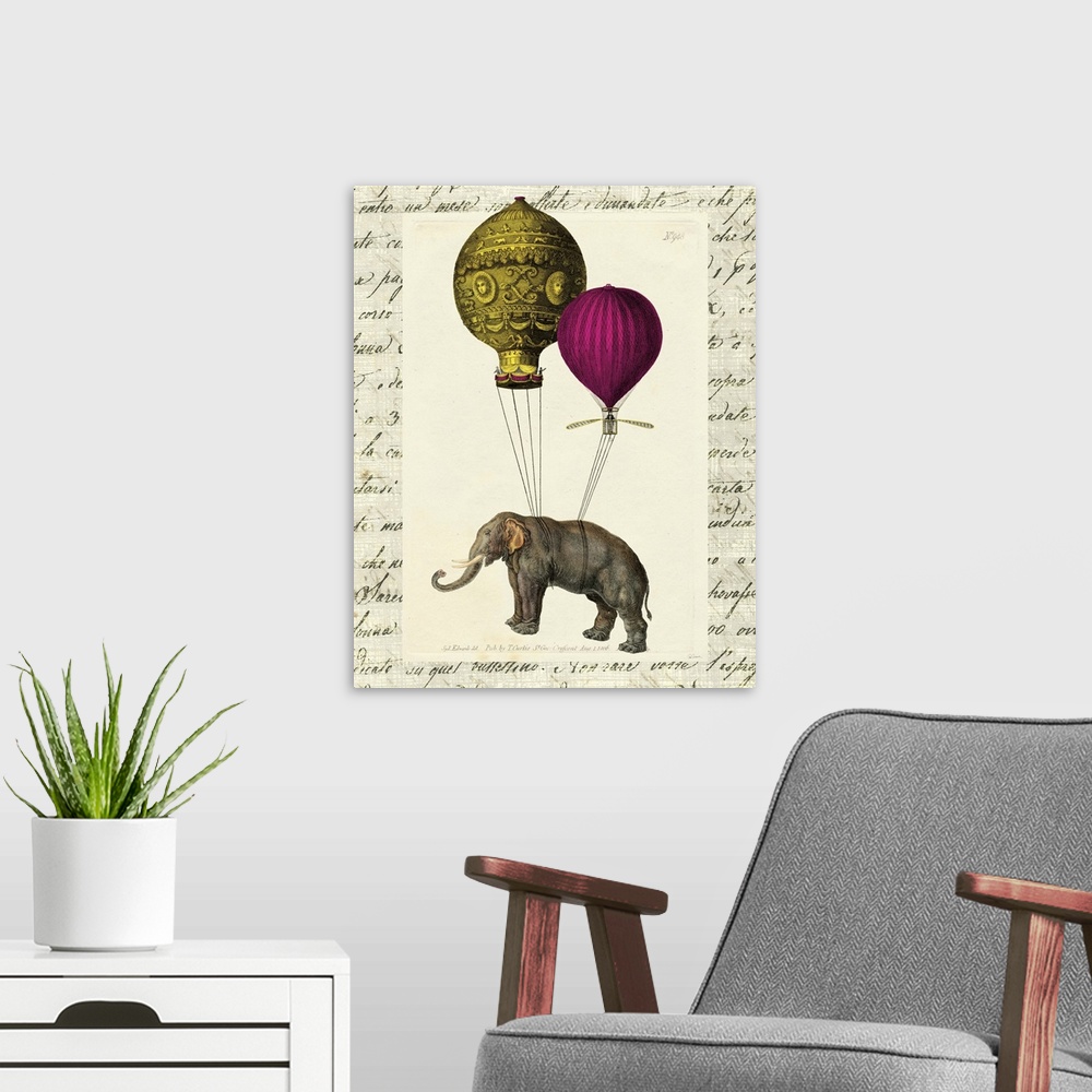 A modern room featuring Fun and whimsical, this elephant with vibrant colored balloons tied to its back makes fun and sty...