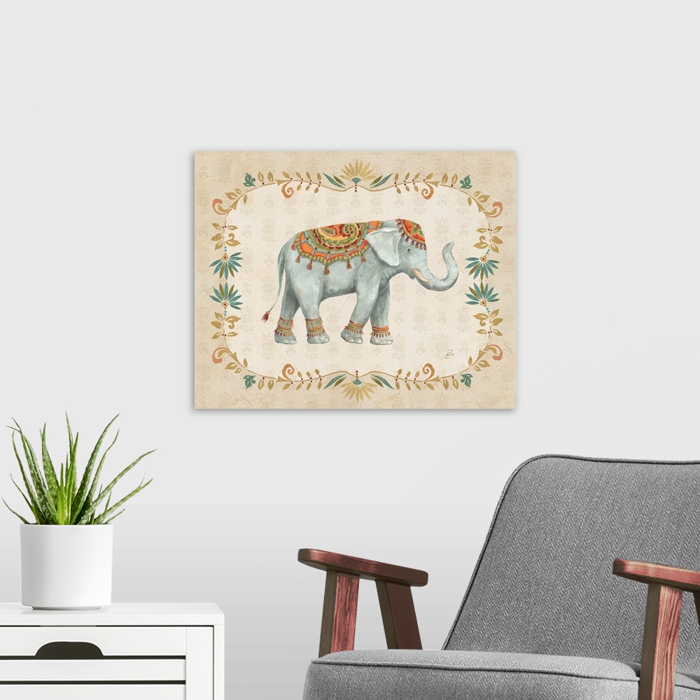 A modern room featuring Boho style painting of an elephant  with a floral design on a neutral colored background.