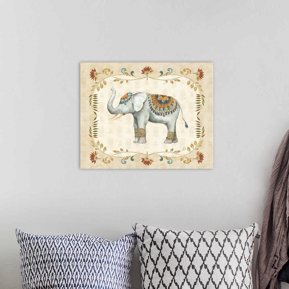 A bohemian room featuring Boho style painting of an elephant  with a floral design on a neutral colored background.