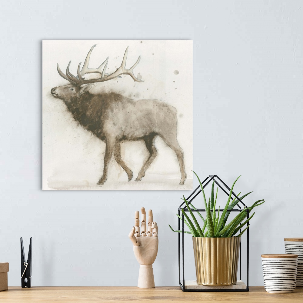 A bohemian room featuring Contemporary painting of an elk against an off white background.