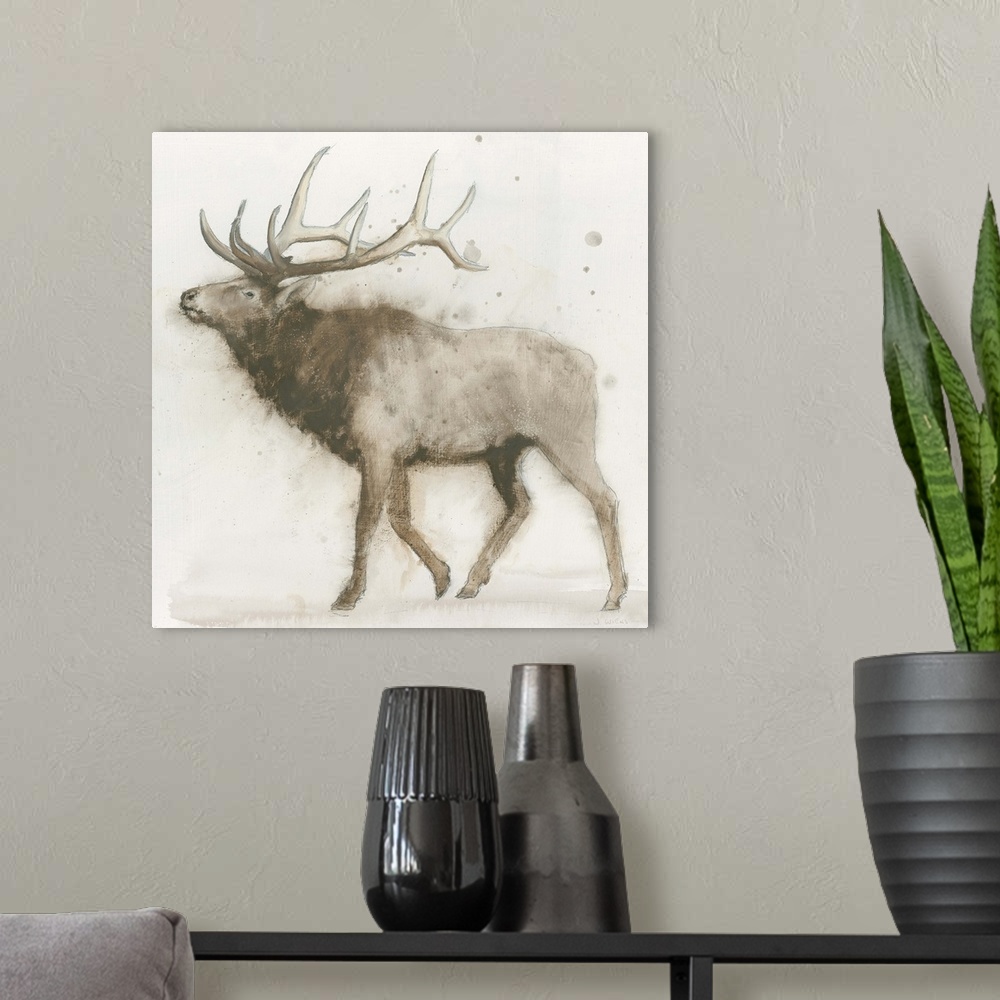 A modern room featuring Contemporary painting of an elk against an off white background.