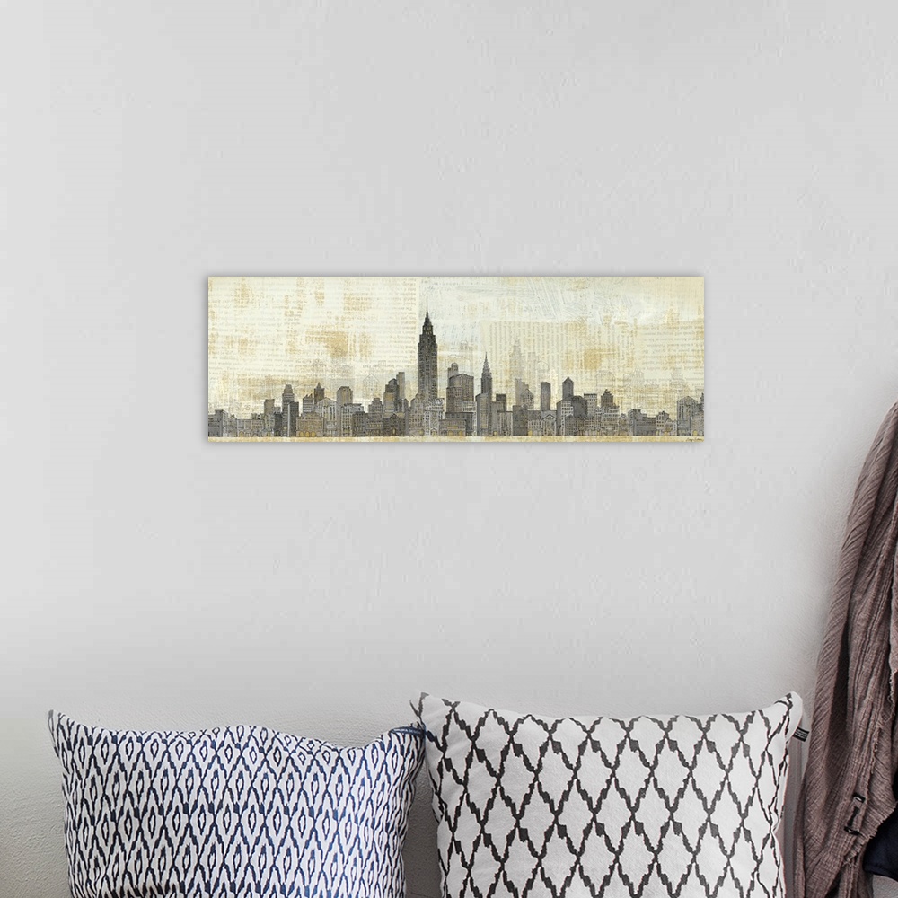 A bohemian room featuring Panoramic illustration of New York skyline.  The image is overlain with paragraphs of text orient...
