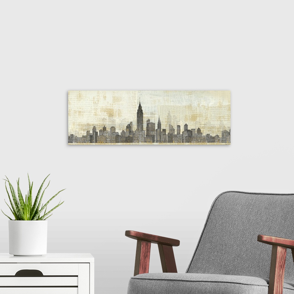 A modern room featuring Panoramic illustration of New York skyline.  The image is overlain with paragraphs of text orient...