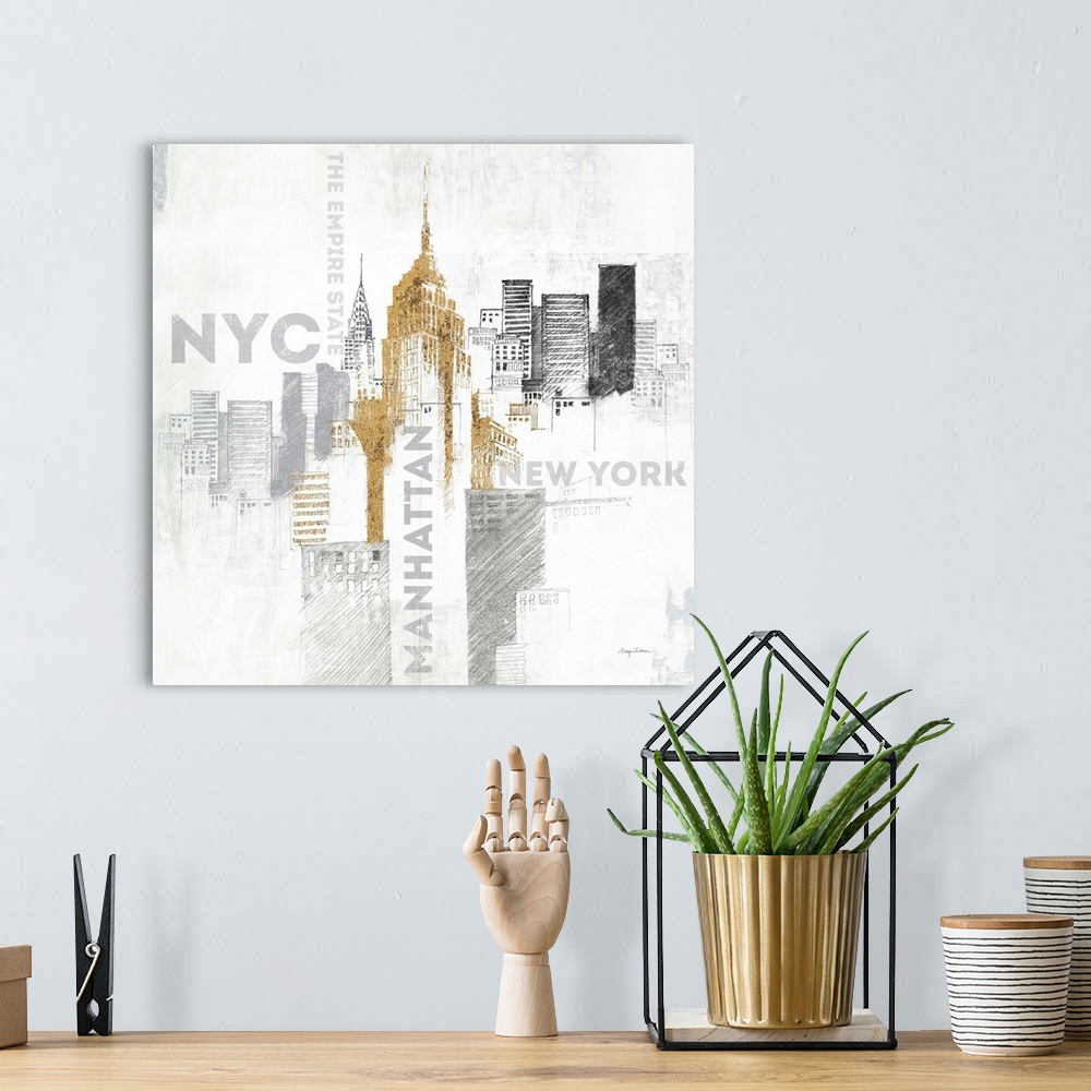 A bohemian room featuring Sketches of the Empire State Building and the New York skyline in metallic colors.