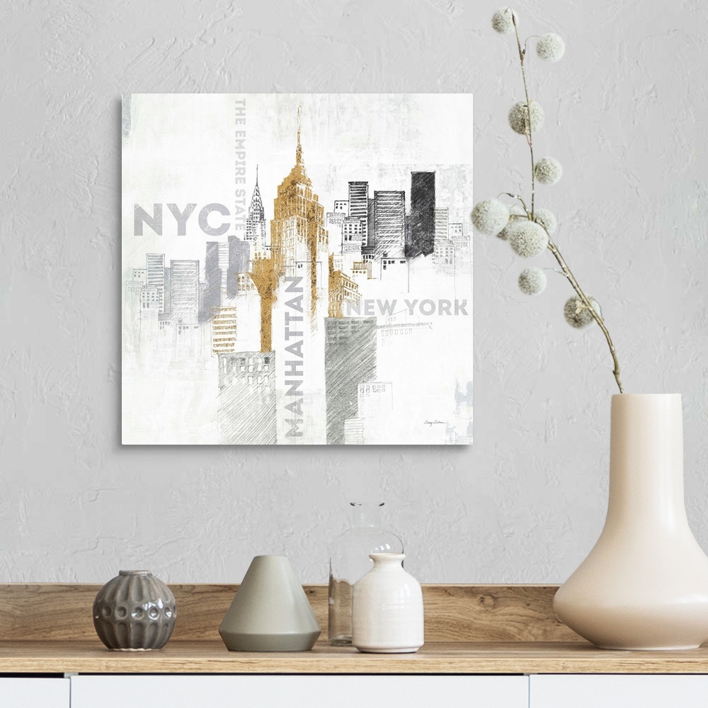 A farmhouse room featuring Sketches of the Empire State Building and the New York skyline in metallic colors.
