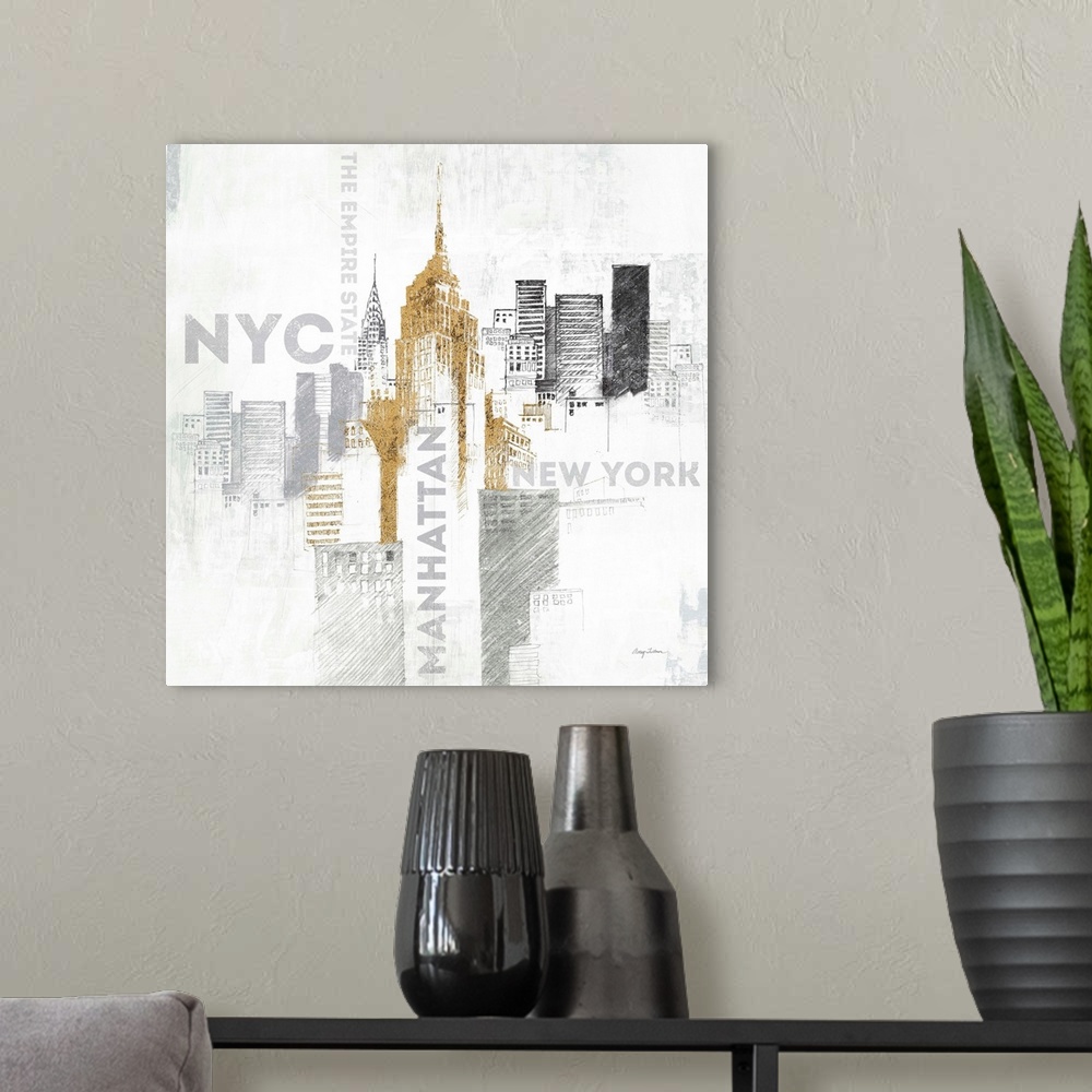 A modern room featuring Sketches of the Empire State Building and the New York skyline in metallic colors.