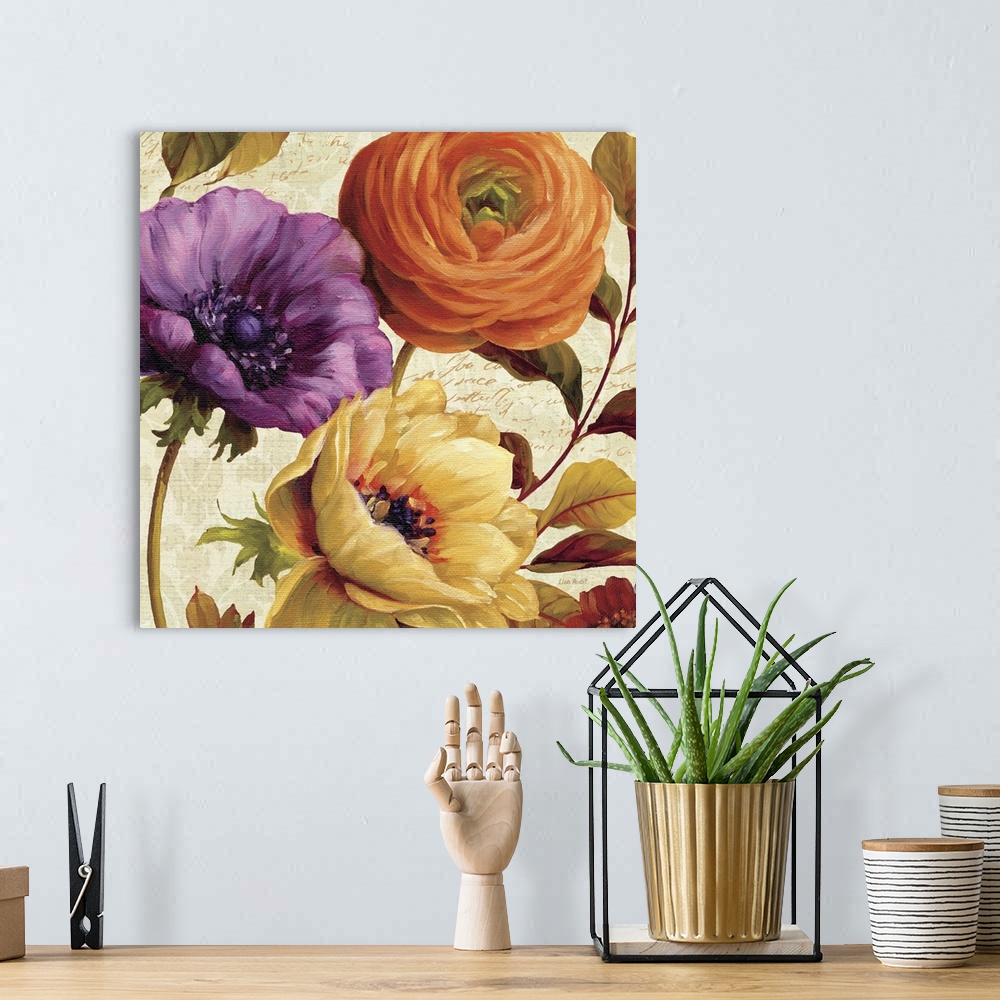 A bohemian room featuring Square home art docor on a large canvas of several vibrant flowers surrounded by leaves, on a lig...
