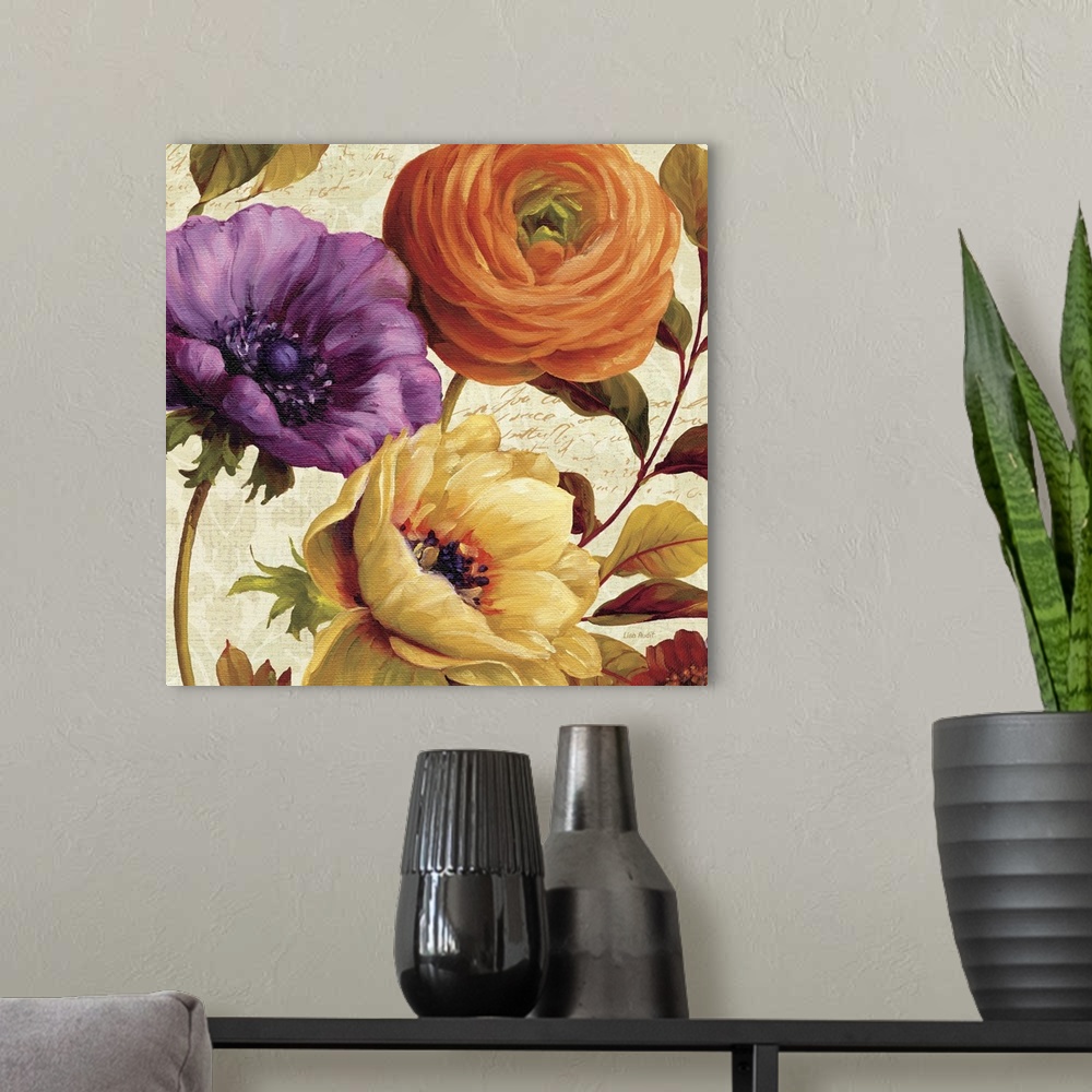 A modern room featuring Square home art docor on a large canvas of several vibrant flowers surrounded by leaves, on a lig...