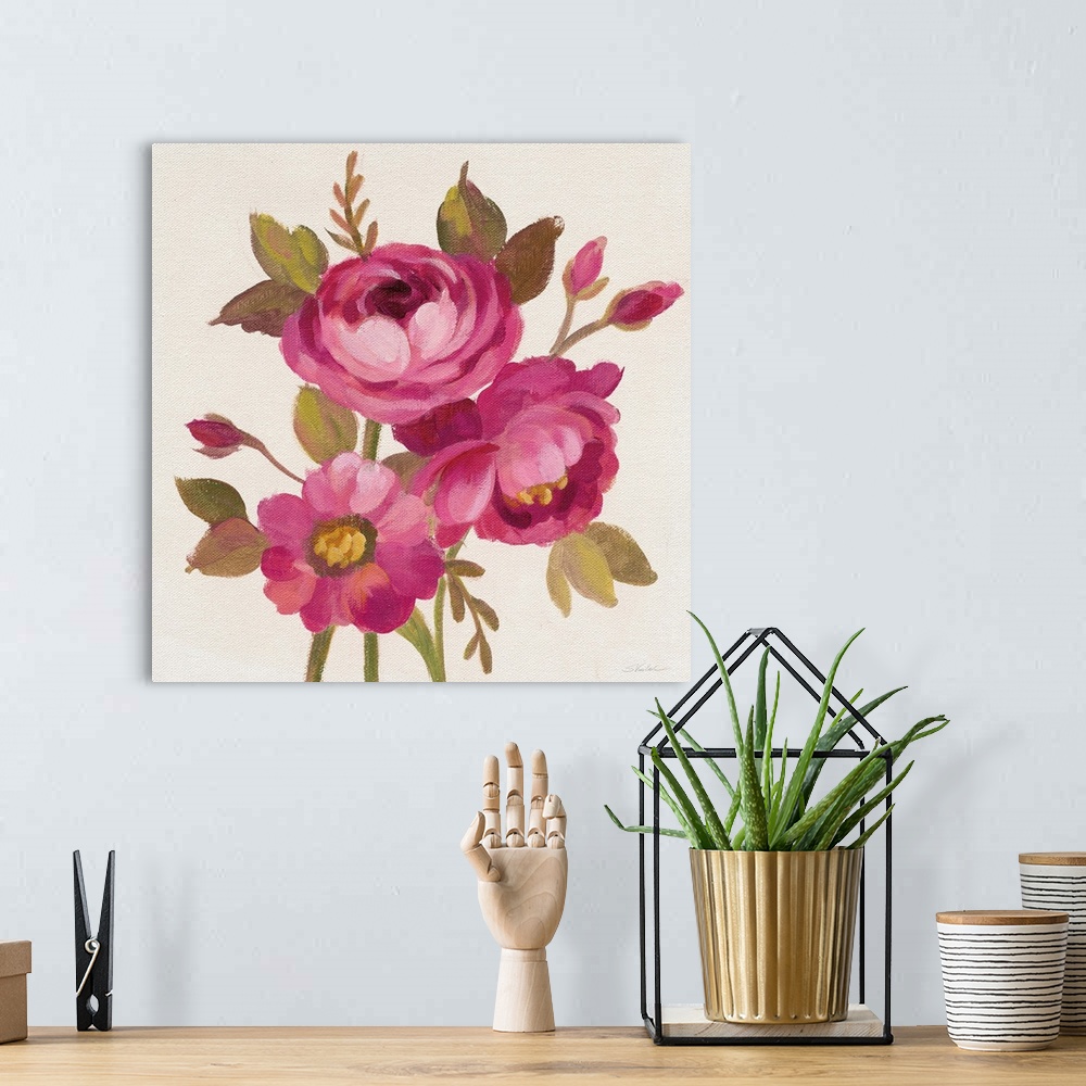 A bohemian room featuring Contemporary square painting of pink flowers and buds.