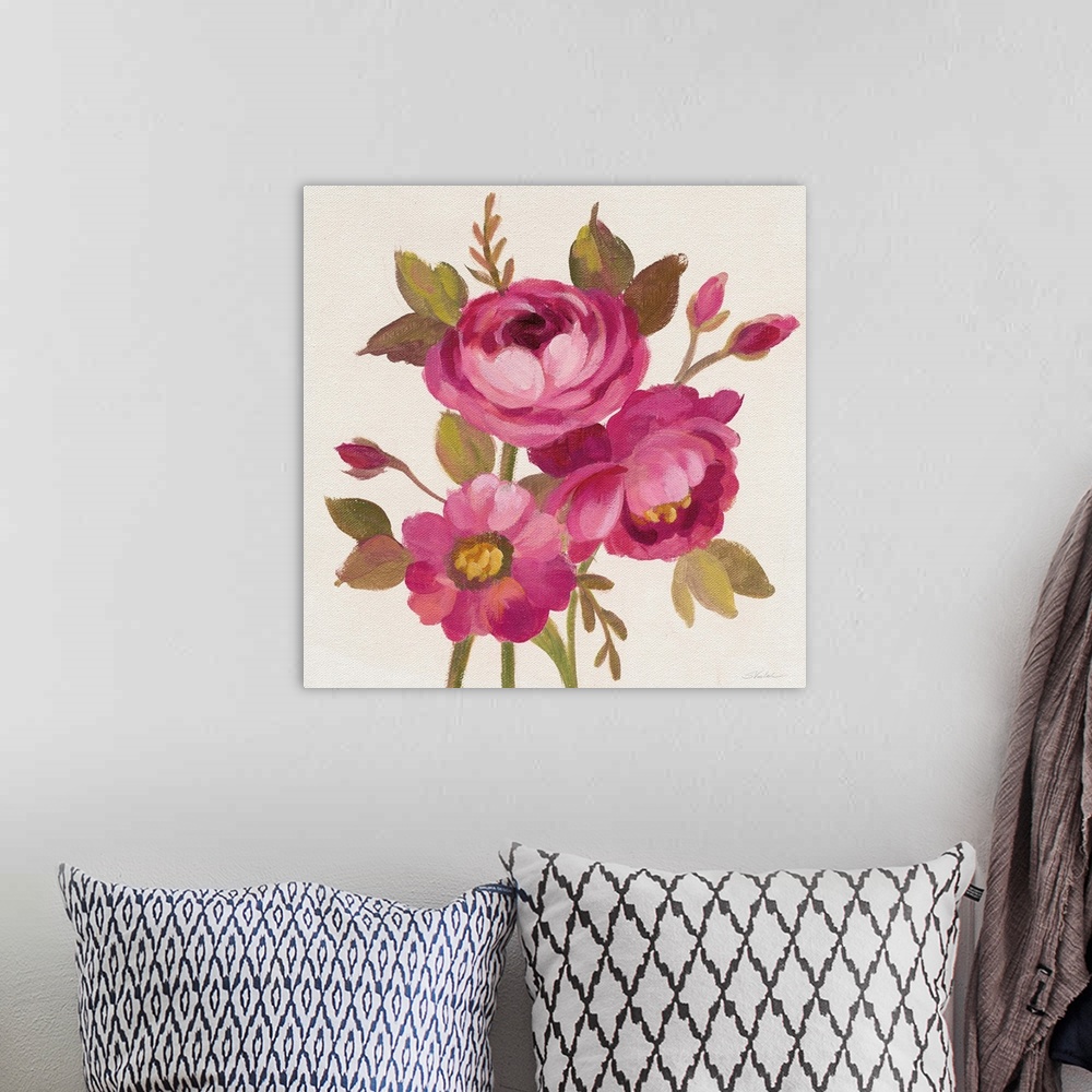 A bohemian room featuring Contemporary square painting of pink flowers and buds.