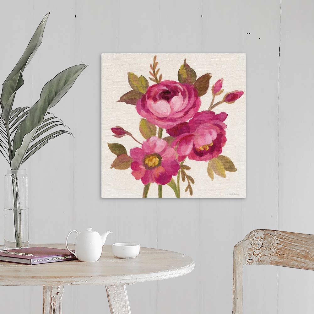 A farmhouse room featuring Contemporary square painting of pink flowers and buds.