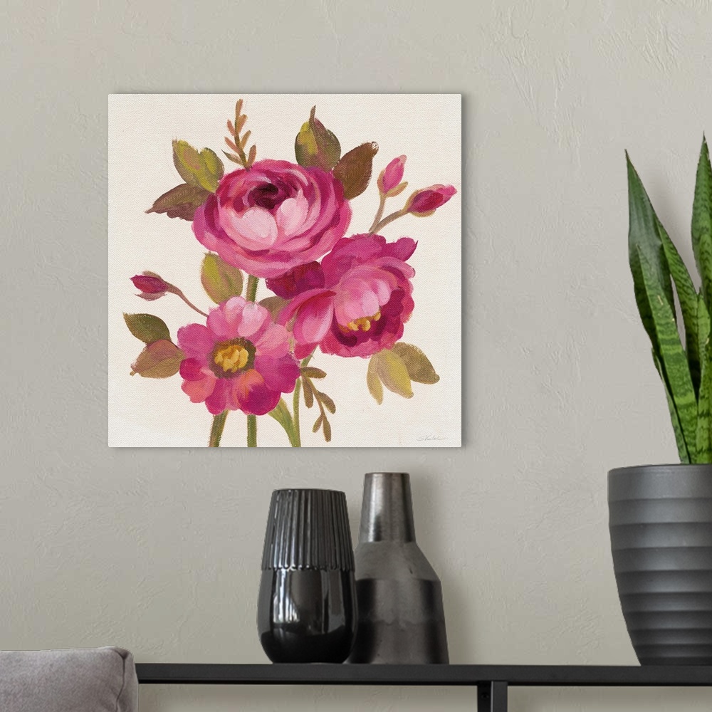 A modern room featuring Contemporary square painting of pink flowers and buds.
