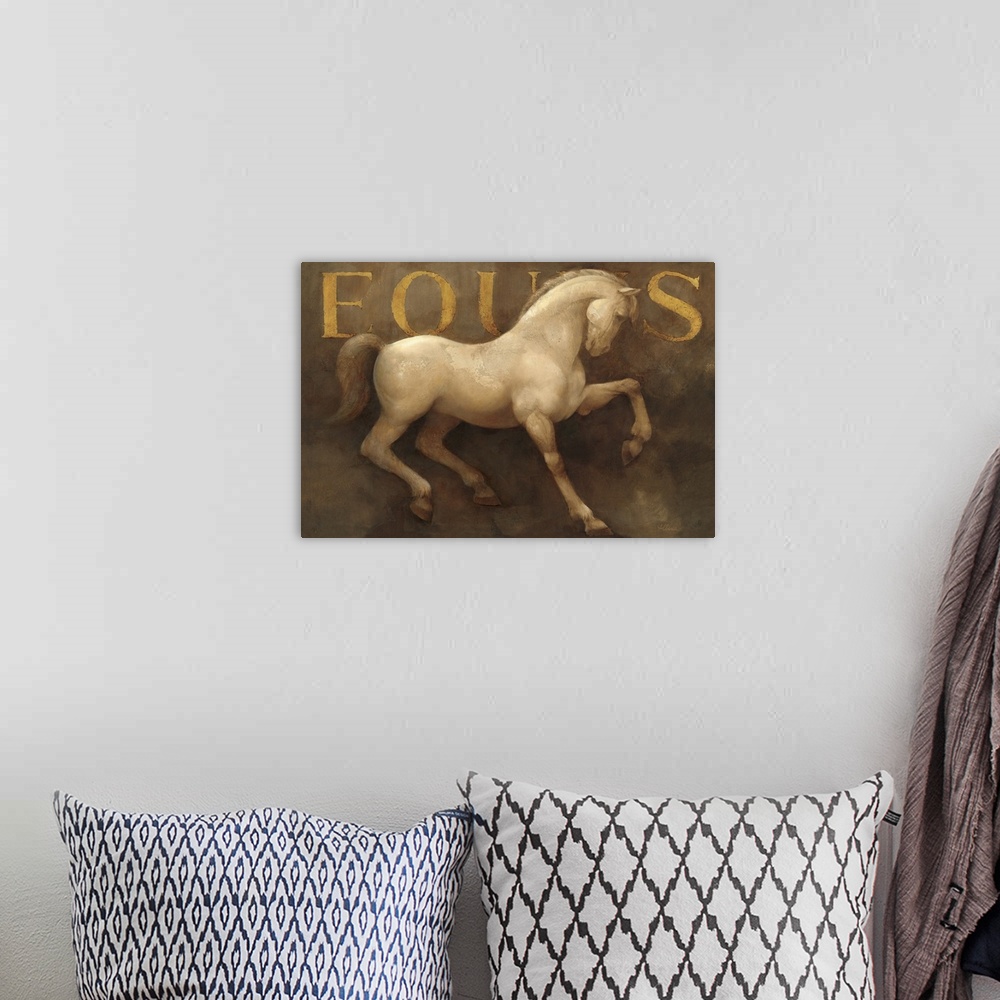 A bohemian room featuring Horizontal, large home art docor of a white stallion with one hoof raised, standing against a neu...