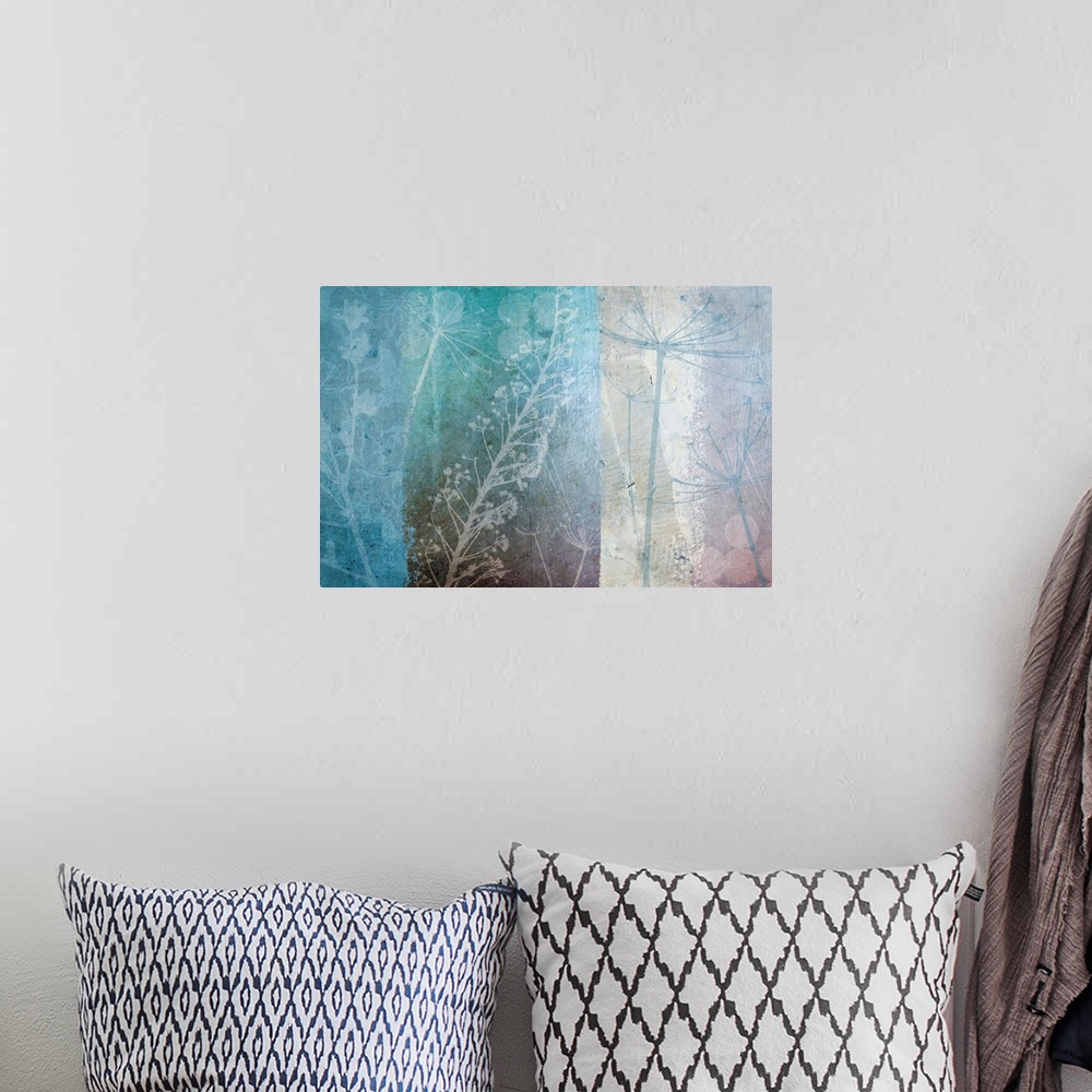 A bohemian room featuring Big canvas abstract painting with dandelion, plants and circles overlayed on top of pastel colors.