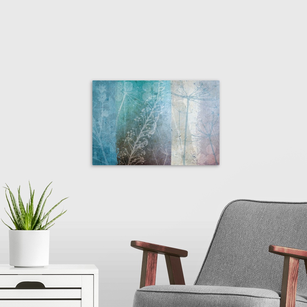 A modern room featuring Big canvas abstract painting with dandelion, plants and circles overlayed on top of pastel colors.