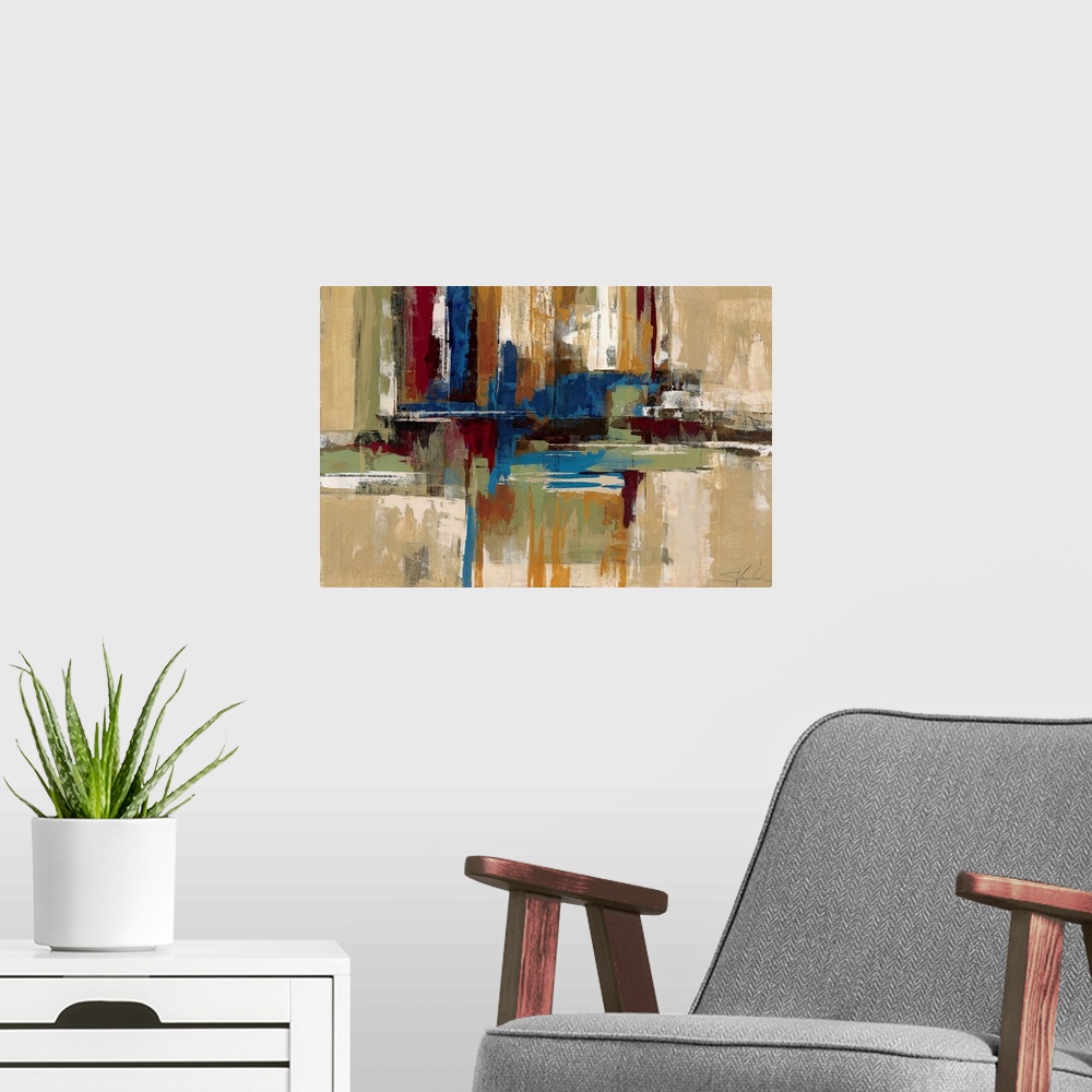 A modern room featuring Large, horizontal, contemporary artwork for a living room or office of a cluster of thick, patchy...