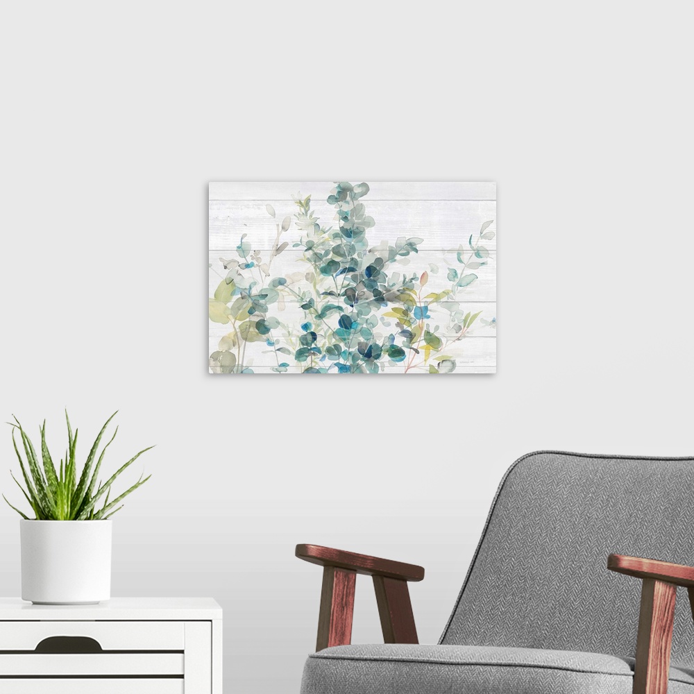 A modern room featuring Decorative artwork featuring watercolor eucalyptus over shiplap.