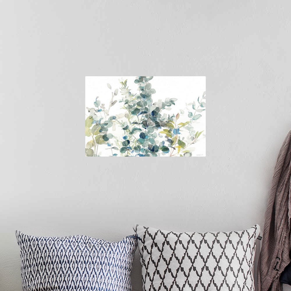 A bohemian room featuring Large watercolor painting of eucalyptus leaves in shades of blue, gray, and green on a white back...