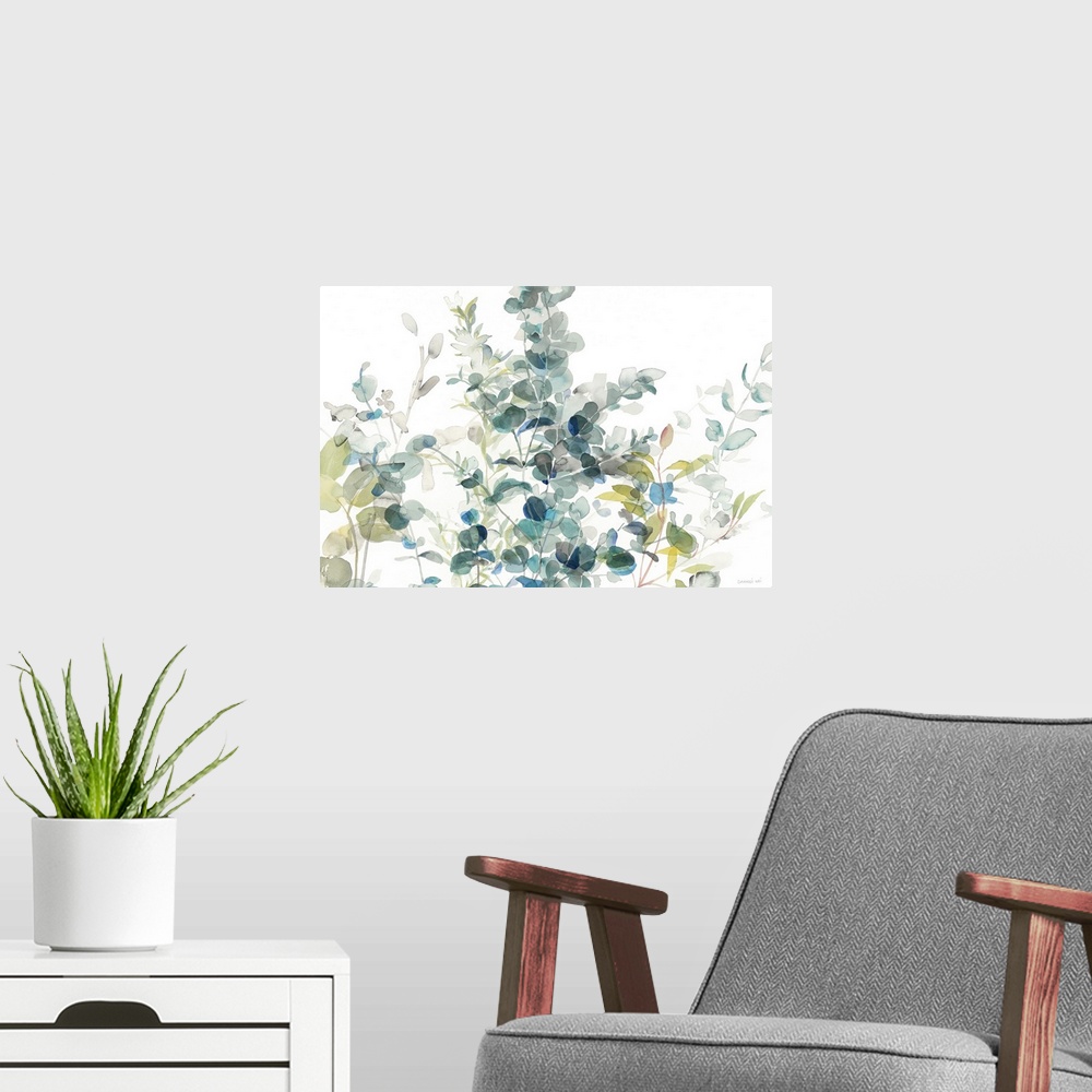 A modern room featuring Large watercolor painting of eucalyptus leaves in shades of blue, gray, and green on a white back...