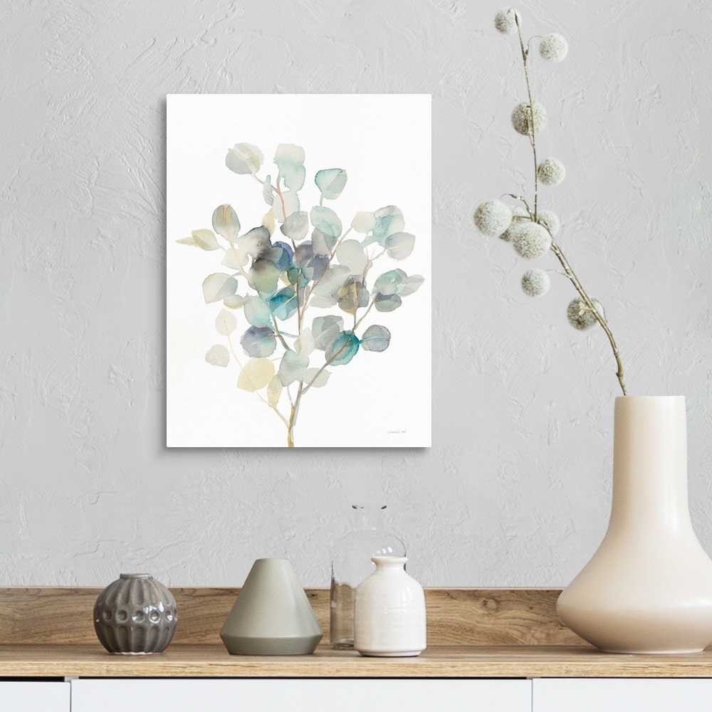 A farmhouse room featuring Vertical watercolor painting of blue, green, gray, and yellow toned eucalyptus leaves on a white ...
