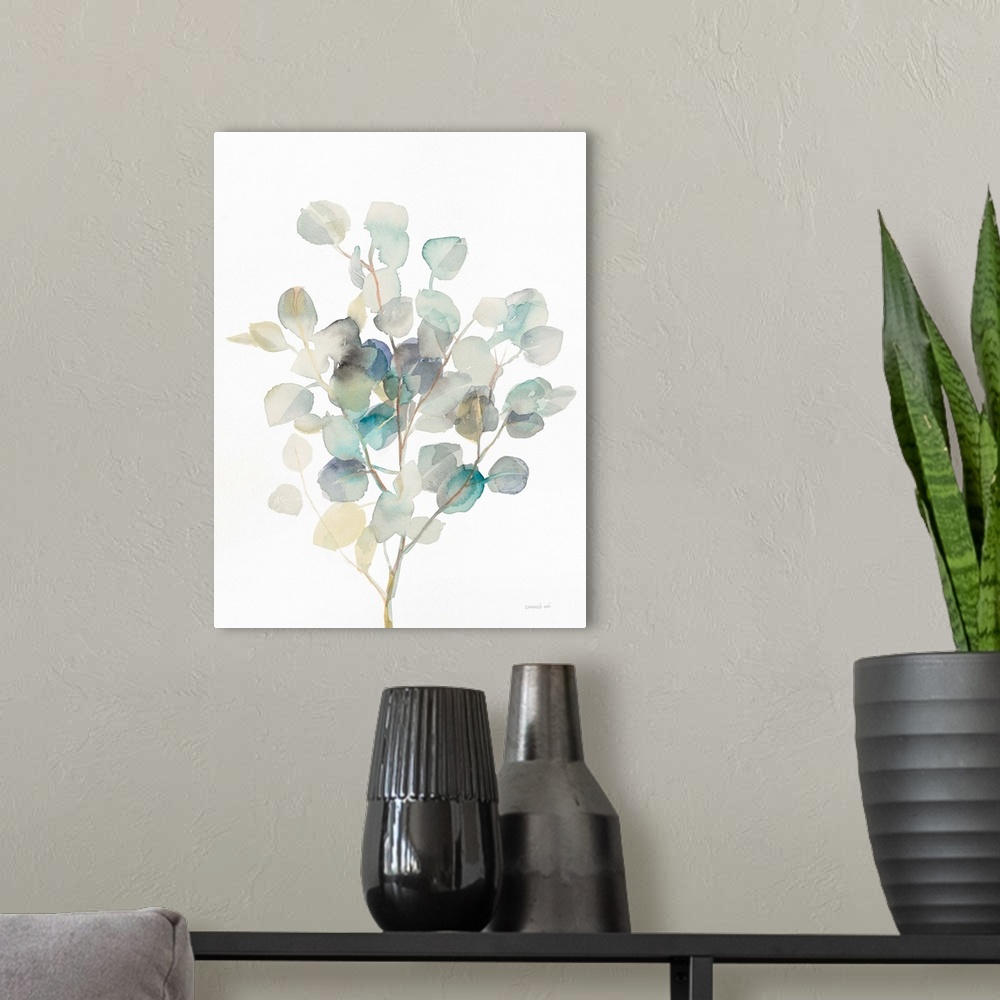 A modern room featuring Vertical watercolor painting of blue, green, gray, and yellow toned eucalyptus leaves on a white ...