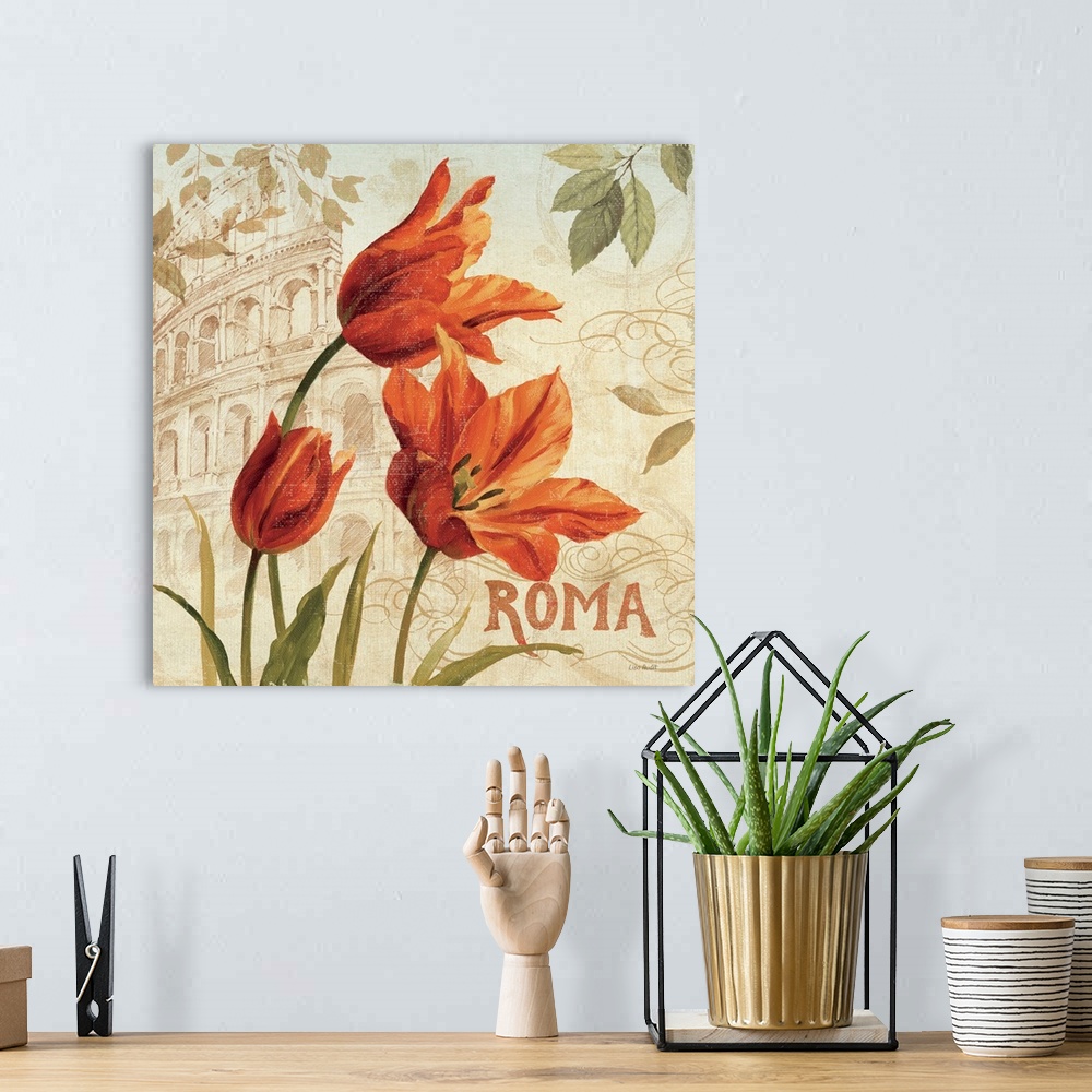 A bohemian room featuring Contemporary painting of flowers with a background of the Coliseum.
