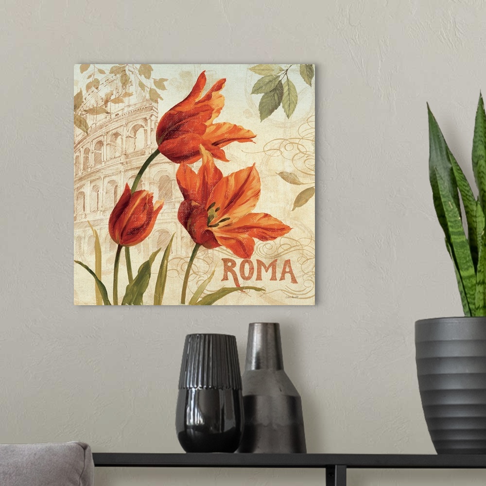 A modern room featuring Contemporary painting of flowers with a background of the Coliseum.