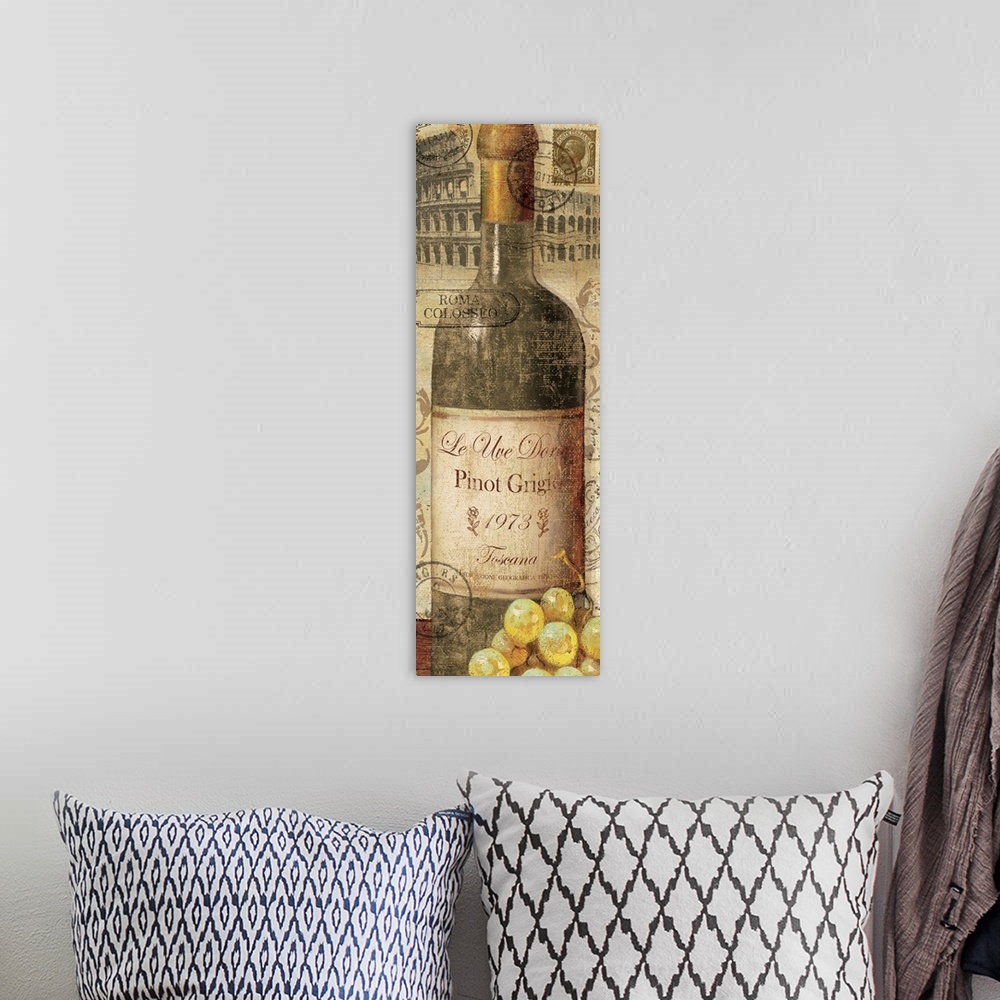 A bohemian room featuring Contemporary painting of a wine bottle with the Coliseum in the background.