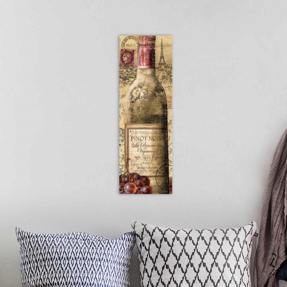A bohemian room featuring Contemporary painting of a wine bottle with the Eiffel Tower in the background.