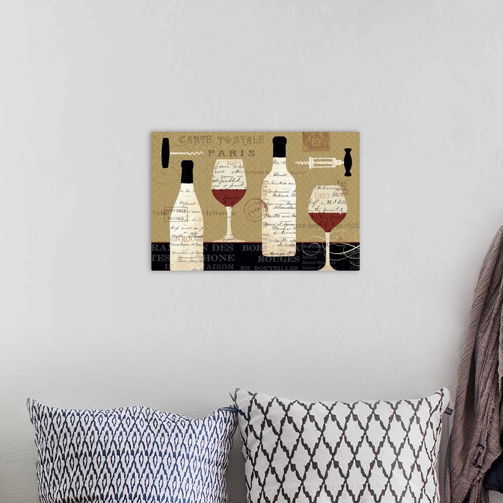 A bohemian room featuring Artwork perfect for the home of cork screws, wine bottles and wine glasses that has decorative te...