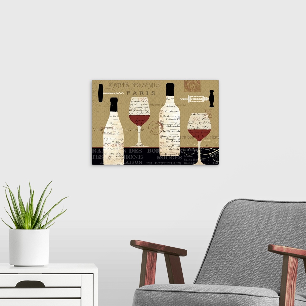 A modern room featuring Artwork perfect for the home of cork screws, wine bottles and wine glasses that has decorative te...