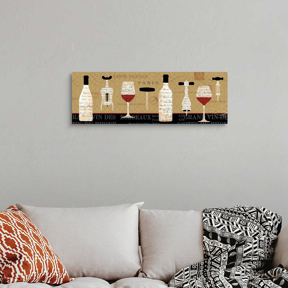 A bohemian room featuring Big, horizontal, decorative wall hanging of wine bottles, glasses and openers made up of small, s...