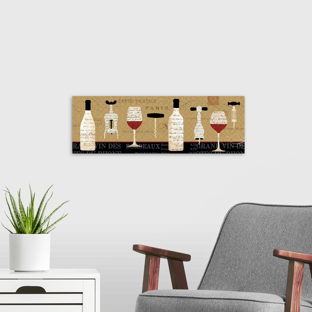 A modern room featuring Big, horizontal, decorative wall hanging of wine bottles, glasses and openers made up of small, s...