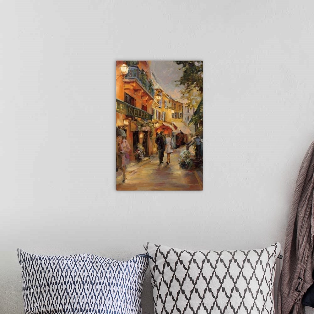 A bohemian room featuring Vertical, contemporary painting of a couple walking through the rain under an umbrella down a win...