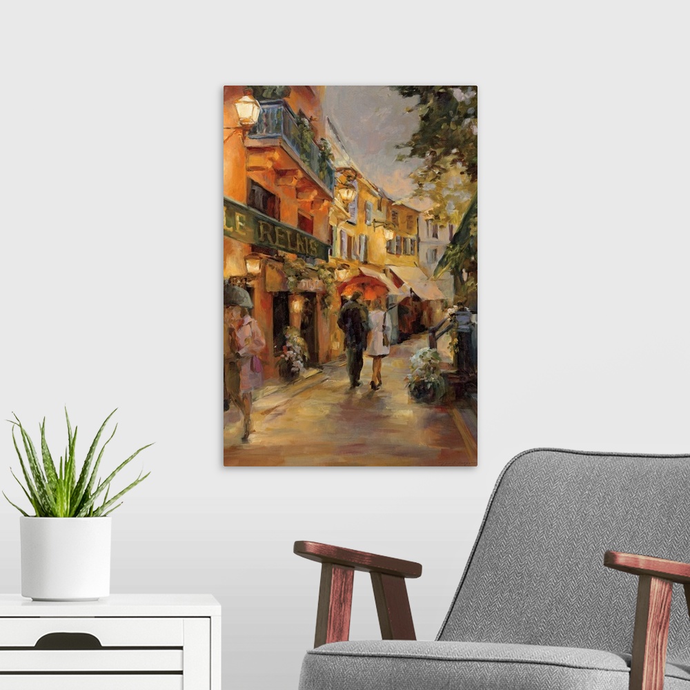 A modern room featuring Vertical, contemporary painting of a couple walking through the rain under an umbrella down a win...