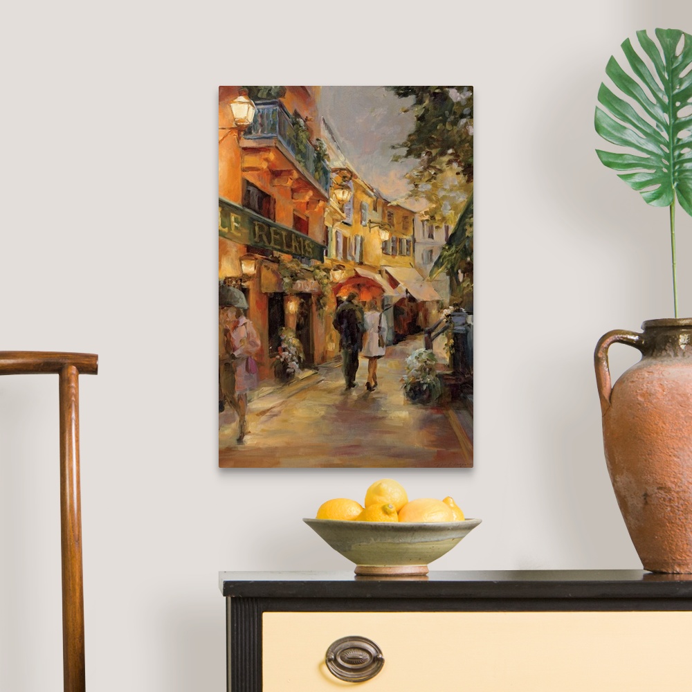A traditional room featuring Vertical, contemporary painting of a couple walking through the rain under an umbrella down a win...