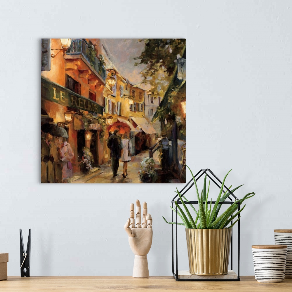 A bohemian room featuring Contemporary painting of a street scene with a couple walking.