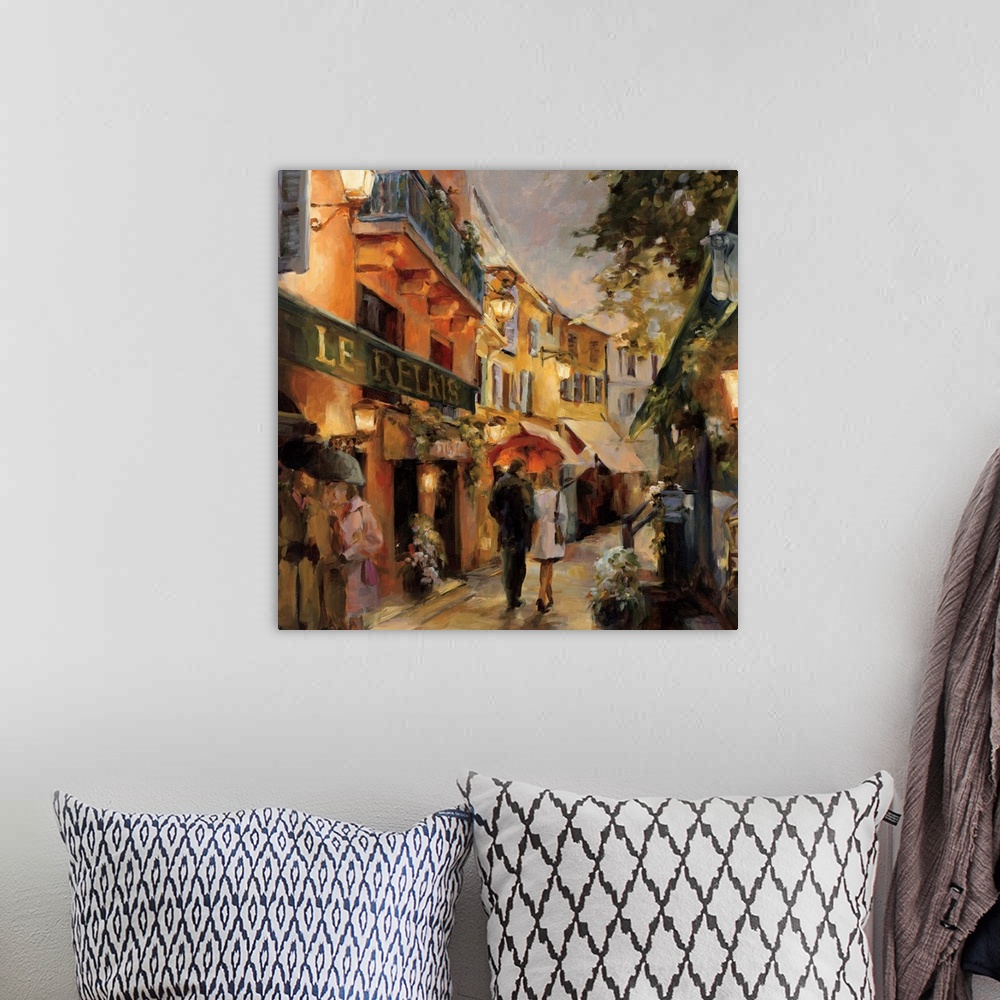 A bohemian room featuring Contemporary painting of a street scene with a couple walking.