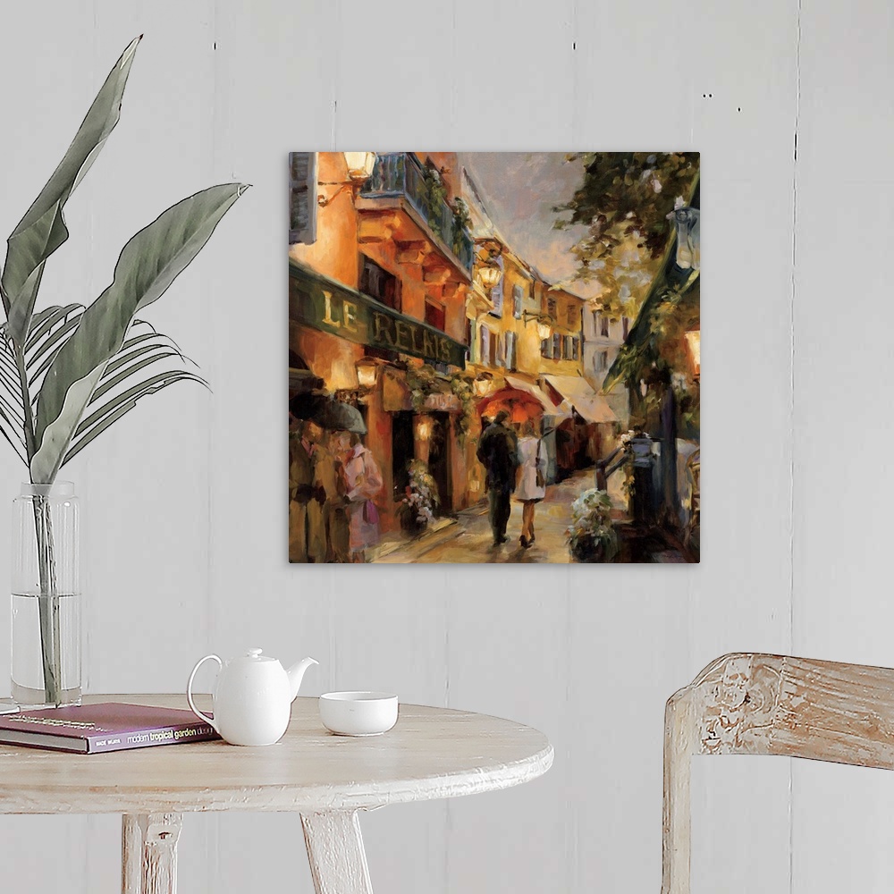 A farmhouse room featuring Contemporary painting of a street scene with a couple walking.