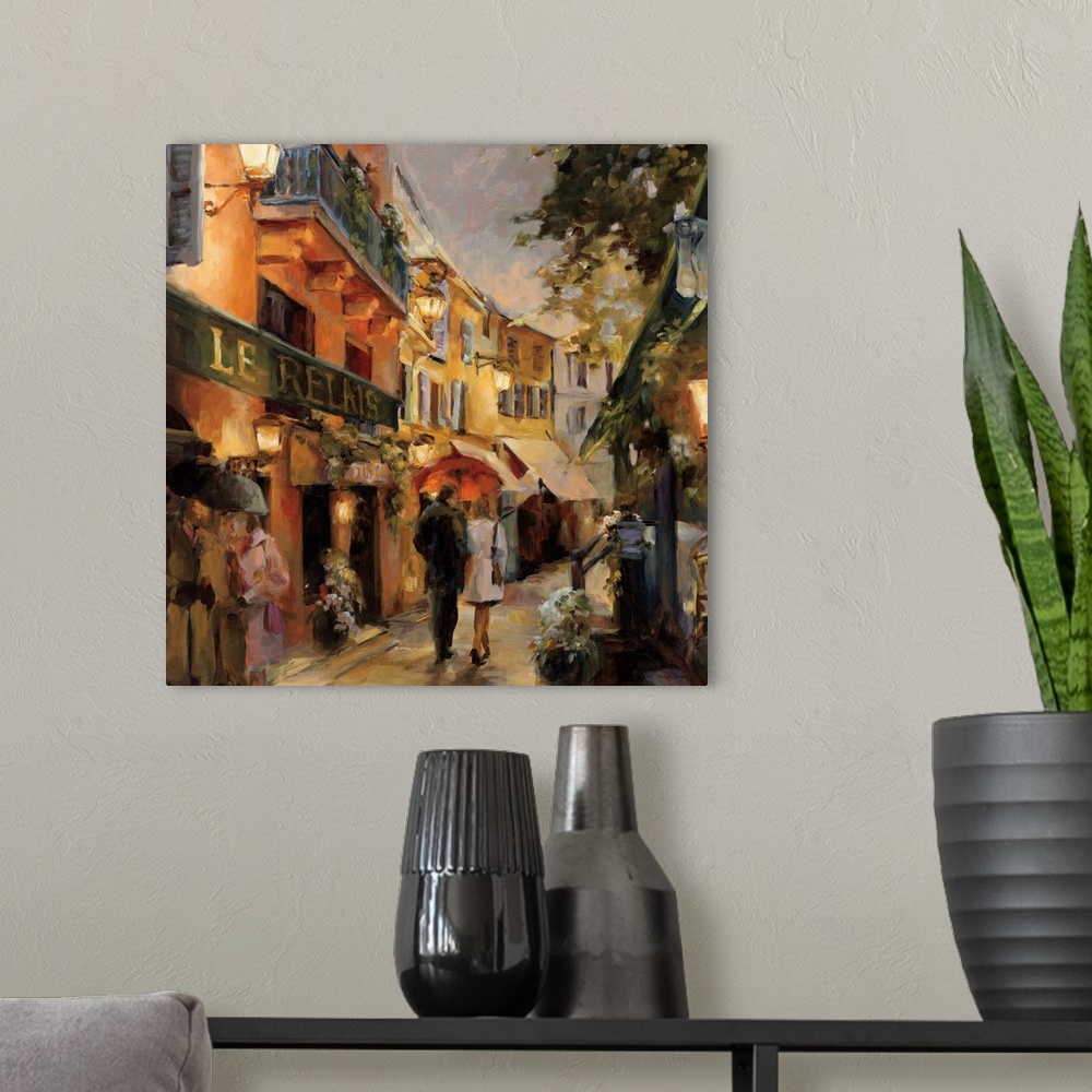 A modern room featuring Contemporary painting of a street scene with a couple walking.