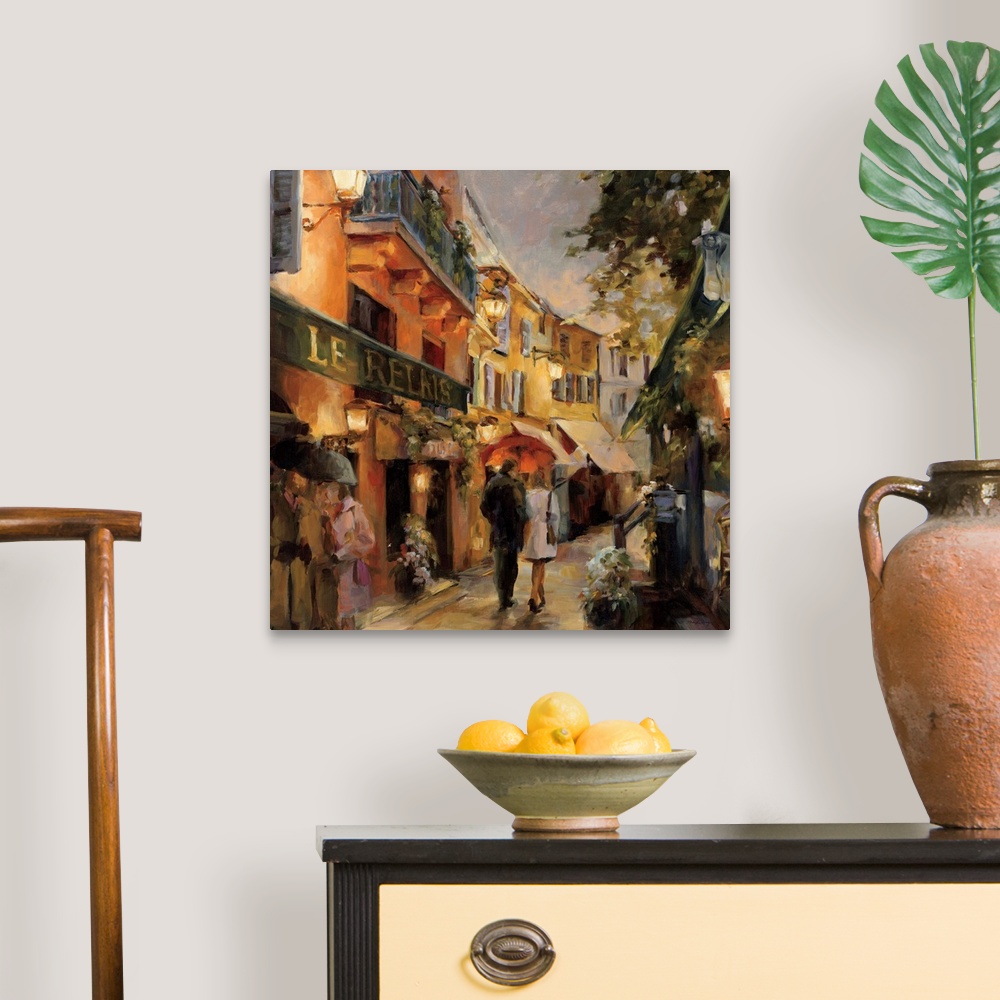A traditional room featuring Contemporary painting of a street scene with a couple walking.
