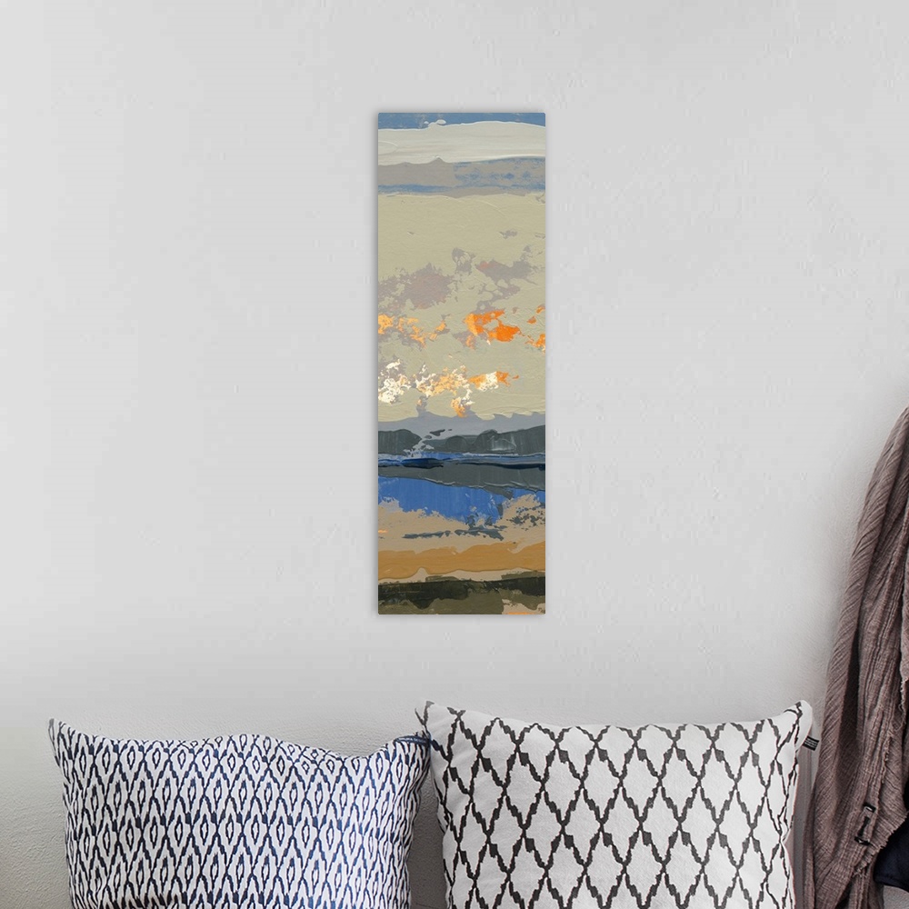 A bohemian room featuring Contemporary abstract artwork of vibrant oranges mottled against subdued cool colors.